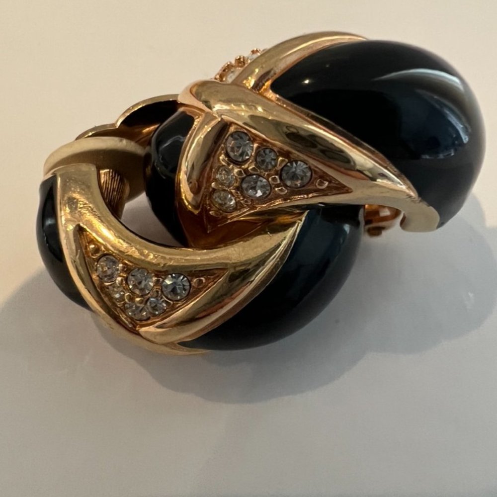 Vintage Signed Swarovski Gold Plated Black Enamel Clear Crystal Clip Earrings